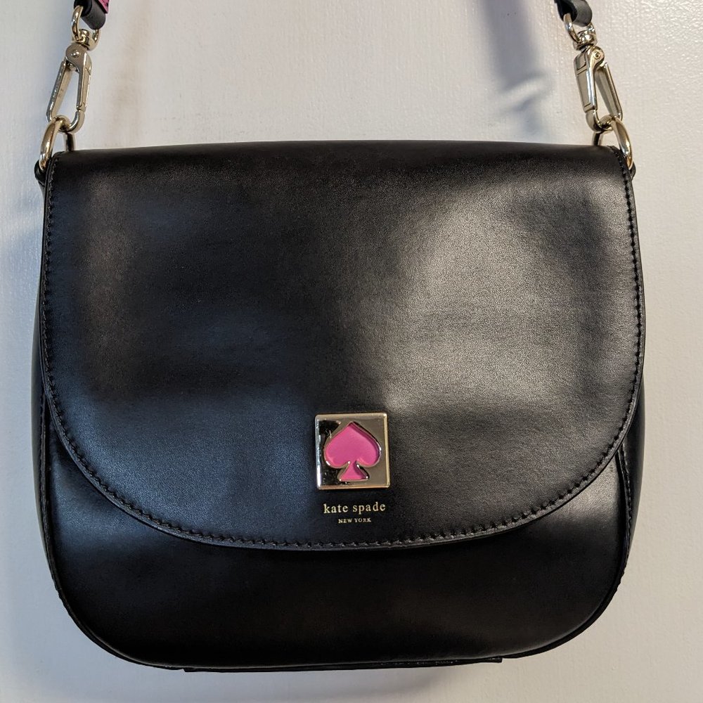 Kate Spade Doreen Black Genuine Leather Crossbody Purse with Black Pink Strap